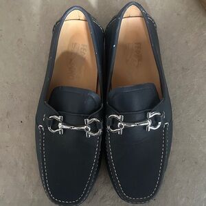 Salvatore Ferragamo Men's Navy Loafers with Silver Accents
